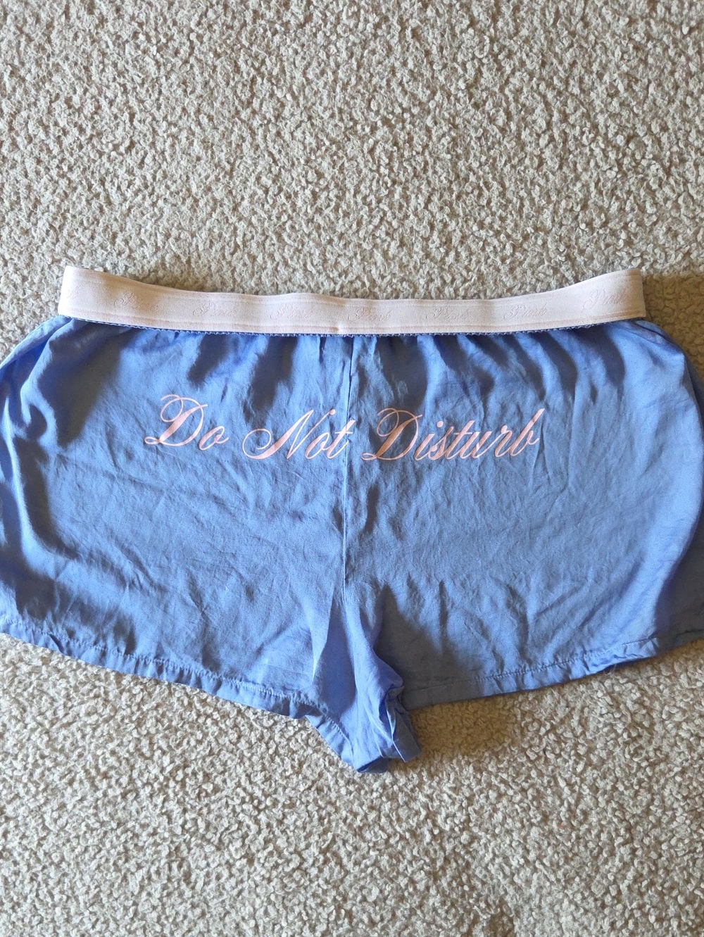 VS PINK Logo Silky Sleep Boxy Pajama Shorts In Seascape Blue Do Not Disturb